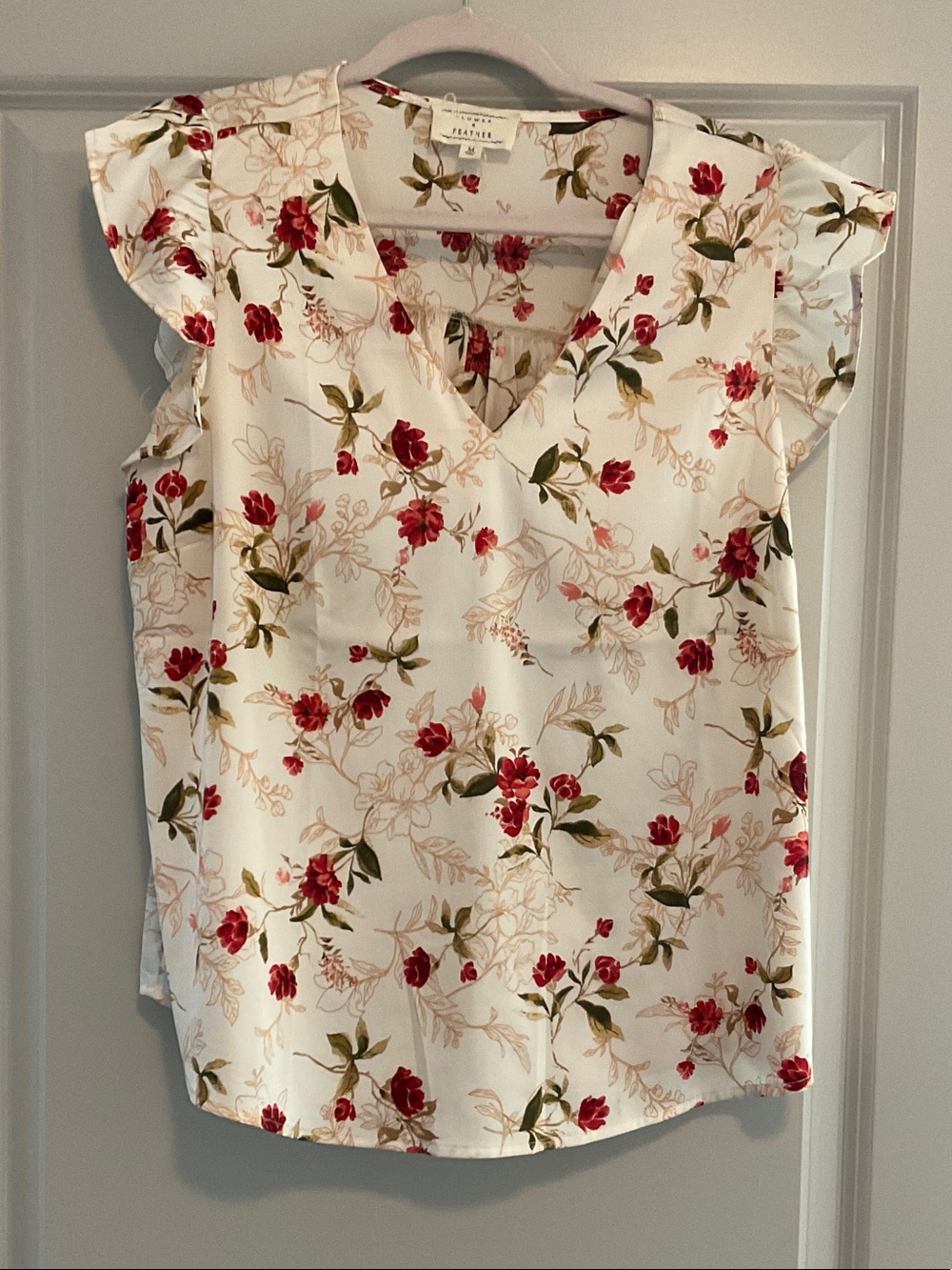 Flower and Feather Floral V-Neck Ruffle Sleeve Blouse